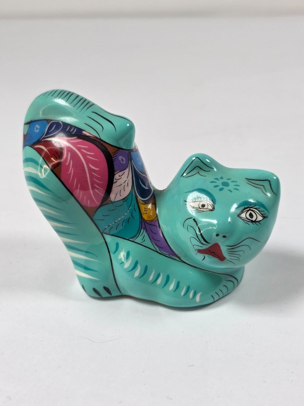 Talavera Mexico Blue/Teal Kitty Cat Stretching Folk Art Clay Pottery